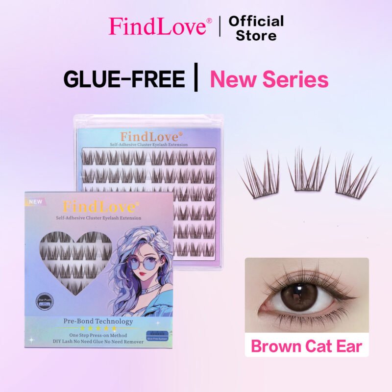 Cat Ear Self-Adhesive Lash Brown Color Natural Soft Wispy Pre-Bond Technology No Glue Needed DIY Eyelash Reusable Glue-Free Segment Eyelashes Clusters Cat Eye Manga 1-Step Press On Lashes