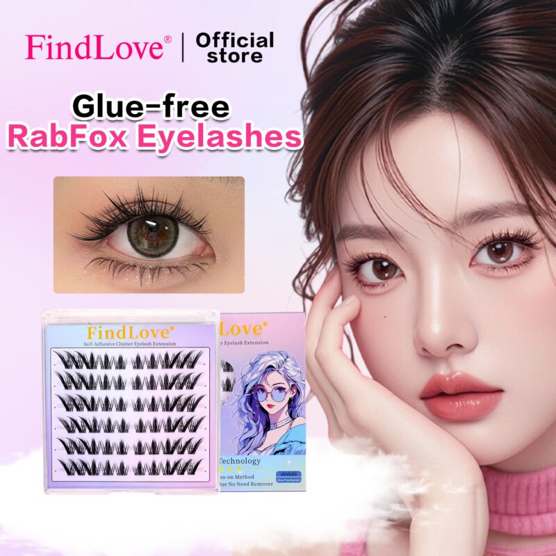 RabFox Press-on Lash  Glue-free Cluster Eyelash Pre-Bond Technology Wispy&Fluffy Natural Soft Reusable DIY Self-adhesive Eyelash