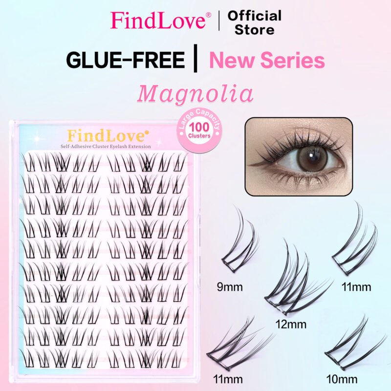 Magnolia Press-on Lash Pre-bond Technology Glue free Cluster Wispy Eyelash Invisible Band Natural Soft Reusable Glue-free Cluster Magnolia Self-adhesive Eyelash