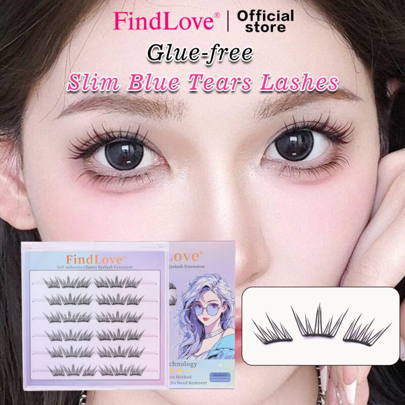 Press-on Lashes (Slim Blue Tears) Pre-Bond Technology Glue-free Segment DIY Eyelash 1-Step Press-on Lashes Premium Materials Reusable Natural Soft Segmented DIY Eyelashes