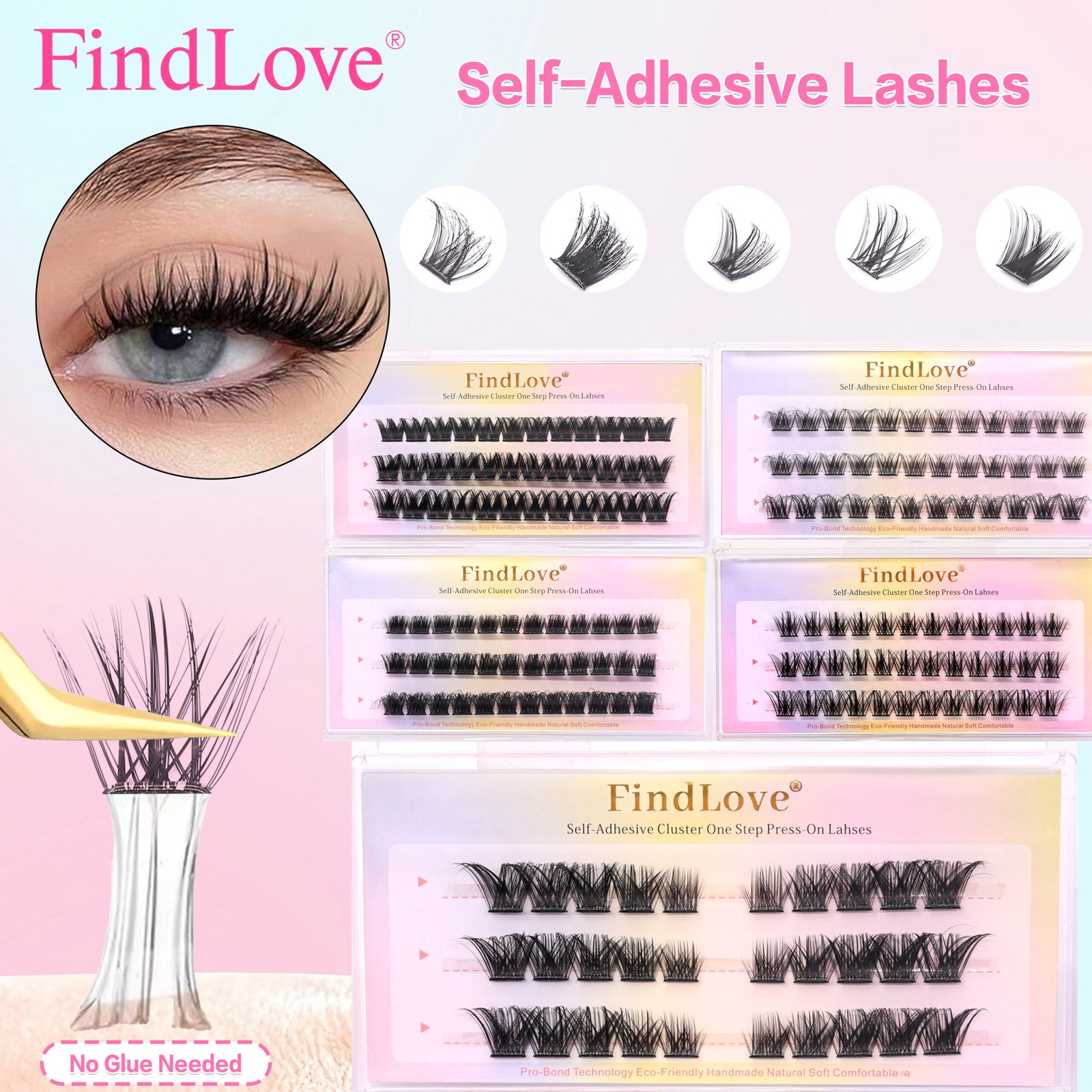 Self-adhesive Eyelashes Pre-Bond Technology 1-Step Press On Lashes Reusable Natural Segment DIY Eyelash Kit Glue Free Long Lasting Self-adhesive Lash