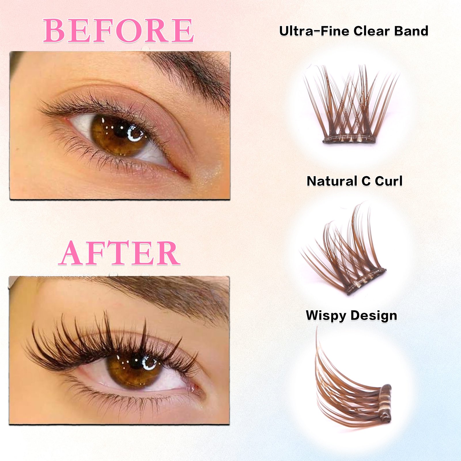Self-adhesive Eyelash (Brown Color) Pre-bond Technology 1-Step Press-on lashes Glue-free Long Lasting Premium PBT Materials Natural Soft Reusable Press-on lashe - Image 3
