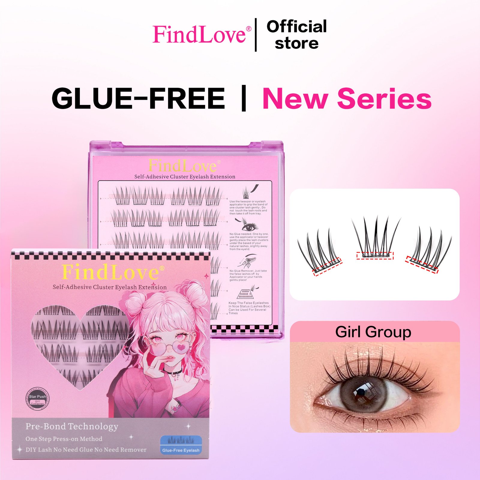 Press-on Lashes (Girl GroupStyle) Pre-bond Technology 1-Step Press-on lashes Glue-free Long Lasting Premium PBT Materials Natural Soft Reusable Self-adhesive Eyelashes