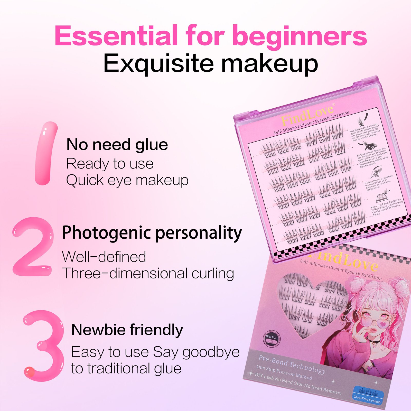 Press-on Lashes (Girl GroupStyle) Pre-bond Technology 1-Step Press-on lashes Glue-free Long Lasting Premium PBT Materials Natural Soft Reusable Self-adhesive Eyelashes - Image 5